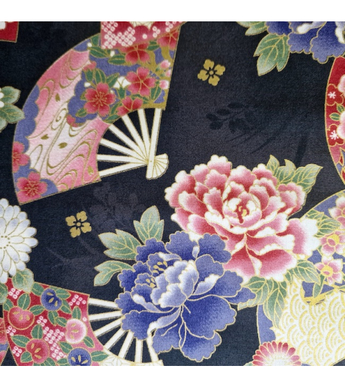 Japanese cotton fabric 'Fans and multicolor flowers' in black