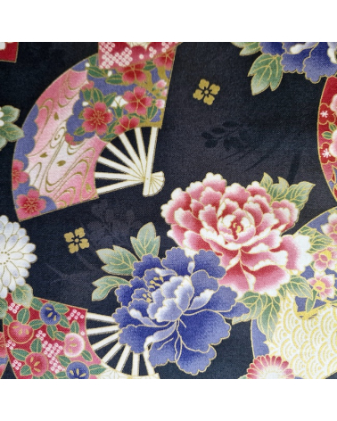 Japanese cotton fabric 'Fans and multicolor flowers' in black