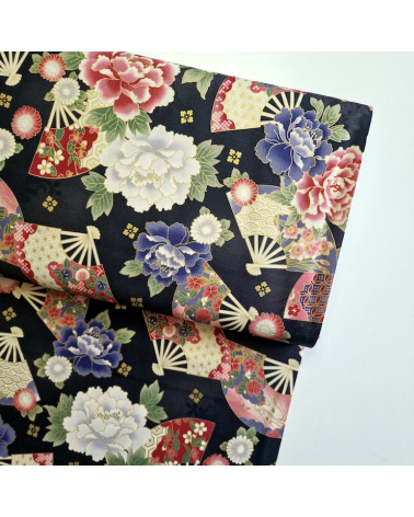 Japanese cotton fabric 'Fans and multicolor flowers' in black