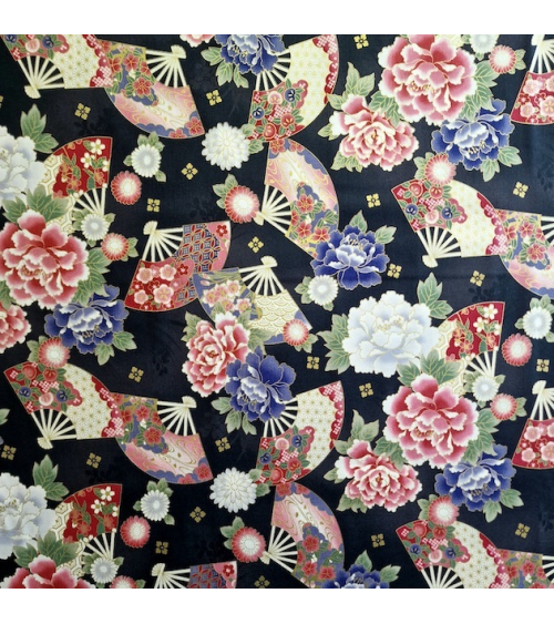 Japanese cotton fabric 'Fans and multicolor flowers' in black
