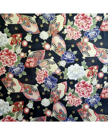Japanese cotton fabric 'Fans and multicolor flowers' in black