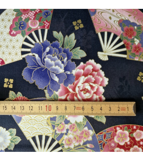 Japanese cotton fabric 'Fans and multicolor flowers' in black