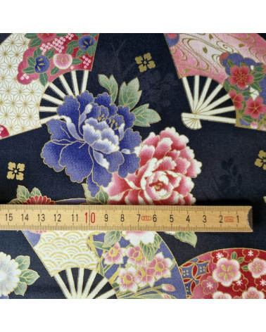 Japanese cotton fabric 'Fans and multicolor flowers' in black