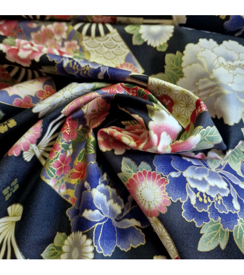 Japanese cotton fabric 'Fans and multicolor flowers' in black