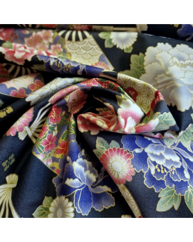 Japanese cotton fabric 'Fans and multicolor flowers' in black