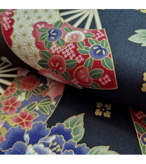 Japanese cotton fabric 'Fans and multicolor flowers' in black