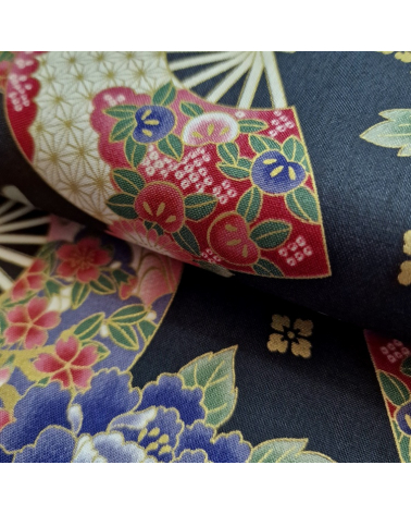Japanese cotton fabric 'Fans and multicolor flowers' in black