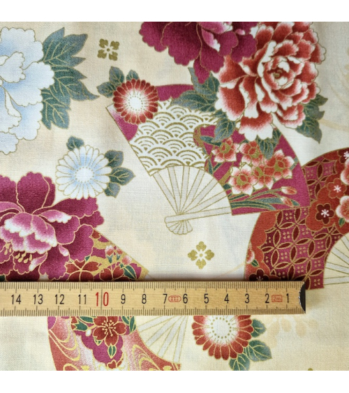 Japanese cotton fabric 'Fans and multicolor flowers' in ivory.