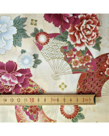 Japanese cotton fabric 'Fans and multicolor flowers' in ivory.