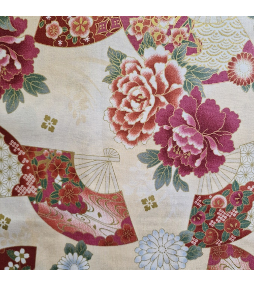 Japanese cotton fabric 'Fans and multicolor flowers' in ivory.