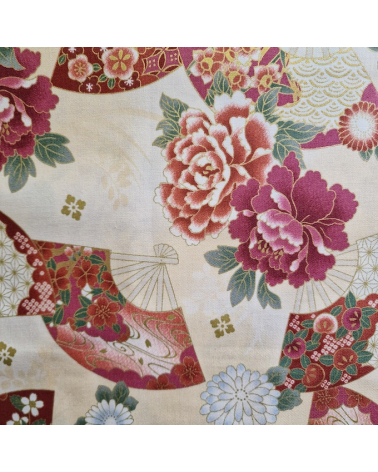 Japanese cotton fabric 'Fans and multicolor flowers' in ivory.