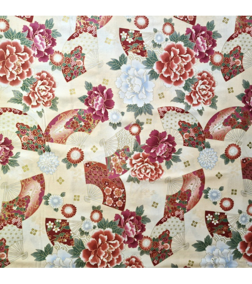 Japanese cotton fabric 'Fans and multicolor flowers' in ivory.