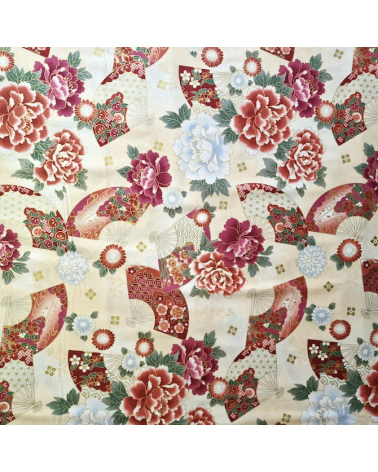 Japanese cotton fabric 'Fans and multicolor flowers' in ivory.
