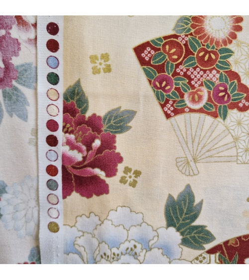 Japanese cotton fabric 'Fans and multicolor flowers' in ivory.