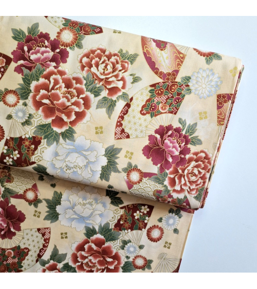 Japanese cotton fabric 'Fans and multicolor flowers' in ivory.