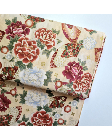 Japanese cotton fabric 'Fans and multicolor flowers' in ivory.
