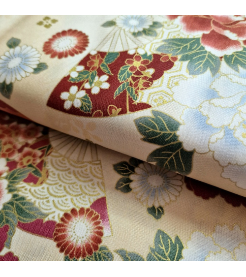 Japanese cotton fabric 'Fans and multicolor flowers' in ivory.