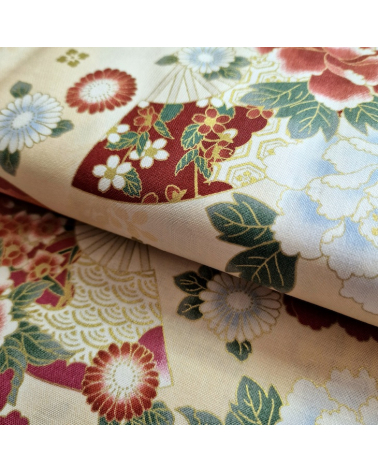 Japanese cotton fabric 'Fans and multicolor flowers' in ivory.