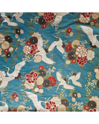 Japanese fabric. Flying Cranes and flowers in greenish blue.
