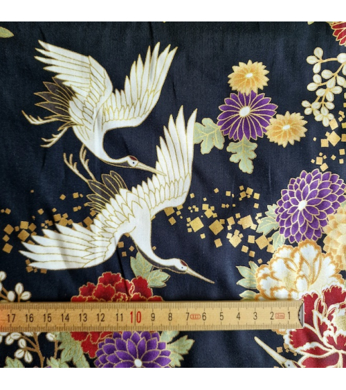 Japanese fabric. Flying Cranes and flowers in black.