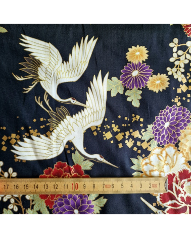 Japanese fabric. Flying Cranes and flowers in black.