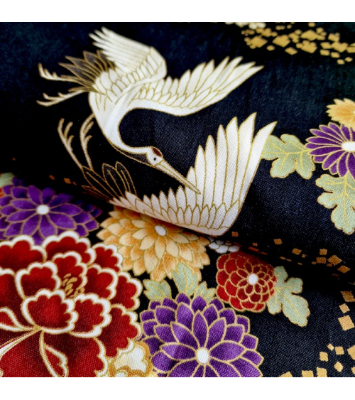 Japanese fabric. Flying Cranes and flowers in black.