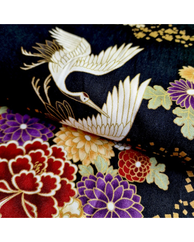 Japanese fabric. Flying Cranes and flowers in black.