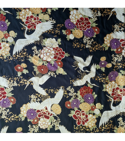 Japanese fabric. Flying Cranes and flowers in black.