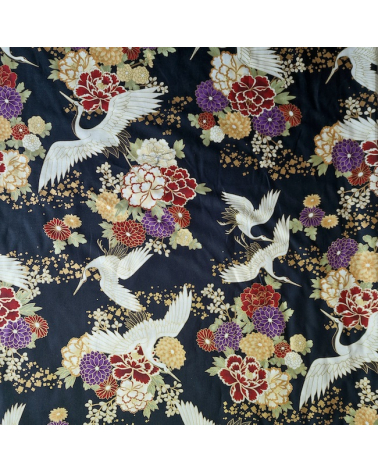 Japanese fabric. Flying Cranes and flowers in black.