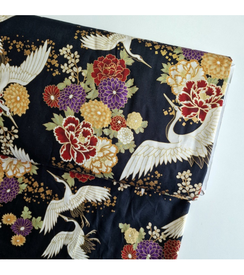 Japanese fabric. Flying Cranes and flowers in black.