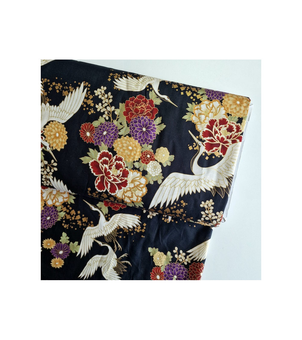 Japanese fabric. Flying Cranes and flowers in black.