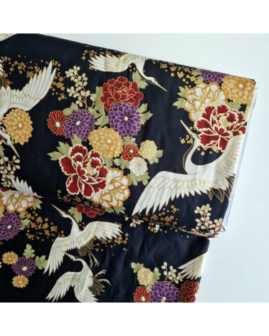 Japanese fabric. Flying Cranes and flowers in black.