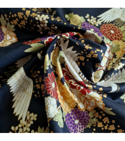 Japanese fabric. Flying Cranes and flowers in black.