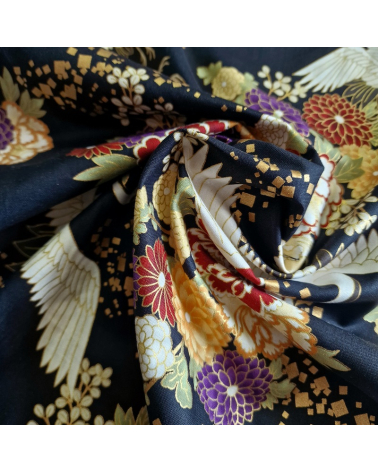 Japanese fabric. Flying Cranes and flowers in black.