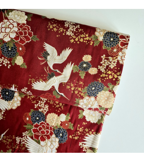 Japanese fabric. Flying Cranes and flowers in red.