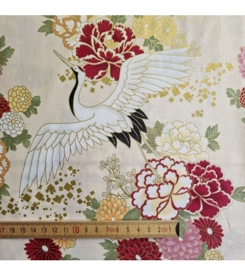 Japanese fabric. Flying Cranes and flowers in ivory.
