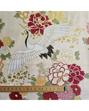 Japanese fabric. Flying Cranes and flowers in ivory.