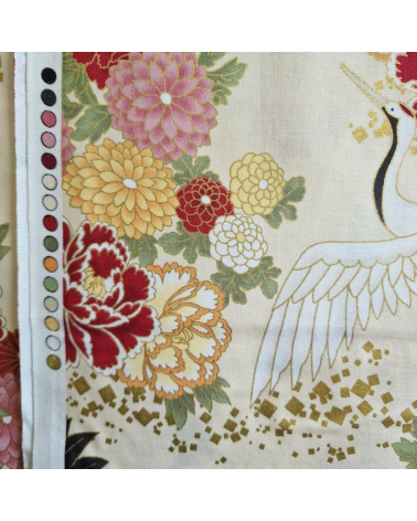Japanese fabric. Flying Cranes and flowers in ivory.