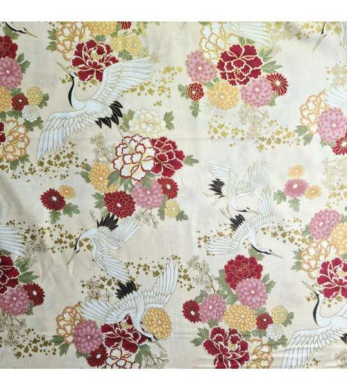 Japanese fabric. Flying Cranes and flowers in ivory.