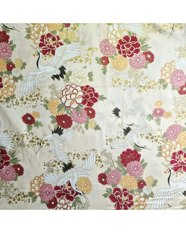 Japanese fabric. Flying Cranes and flowers in ivory.