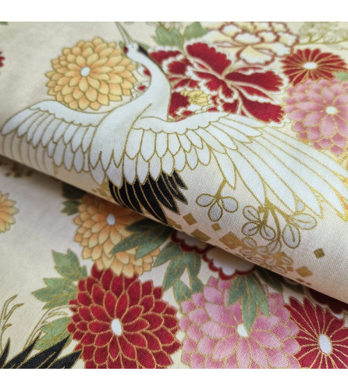 Japanese fabric. Flying Cranes and flowers in ivory.