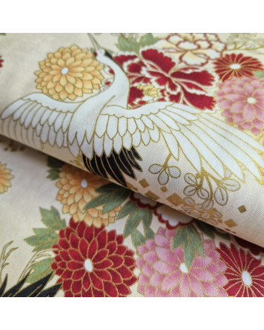 Japanese fabric. Flying Cranes and flowers in ivory.