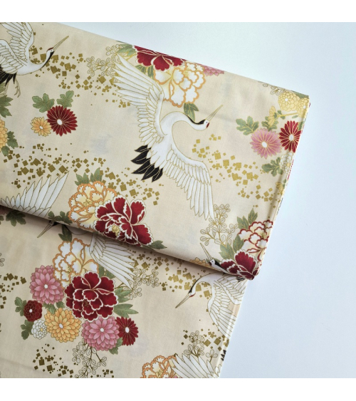 Japanese fabric. Flying Cranes and flowers in ivory.