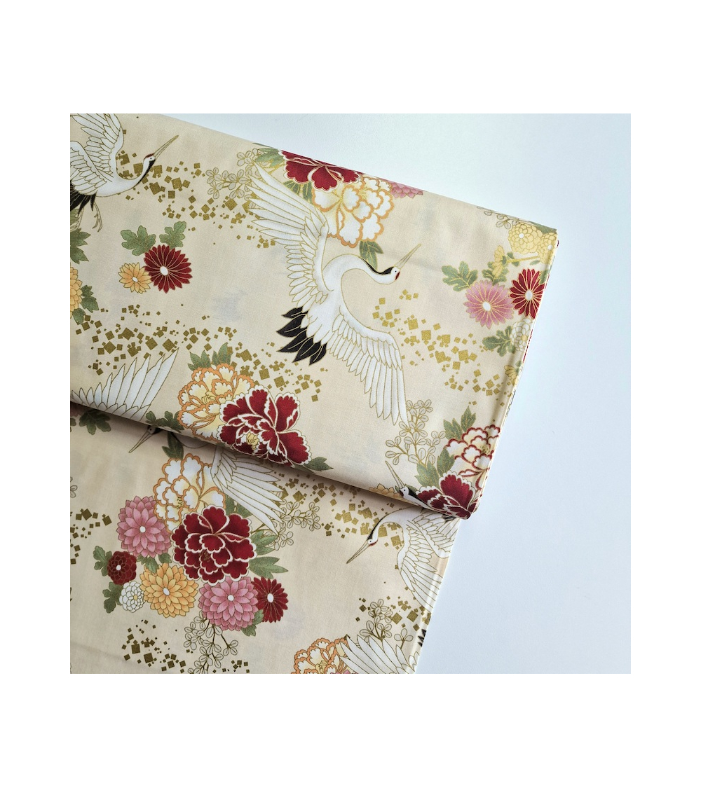 Japanese fabric. Flying Cranes and flowers in ivory.