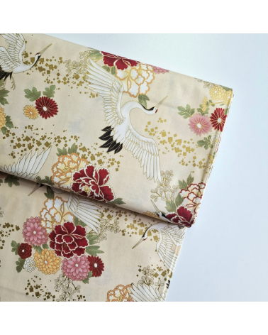 Japanese fabric. Flying Cranes and flowers in ivory.