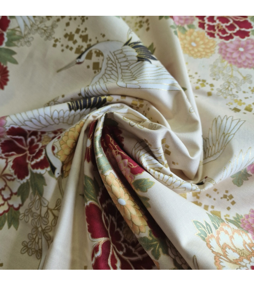 Japanese fabric. Flying Cranes and flowers in ivory.