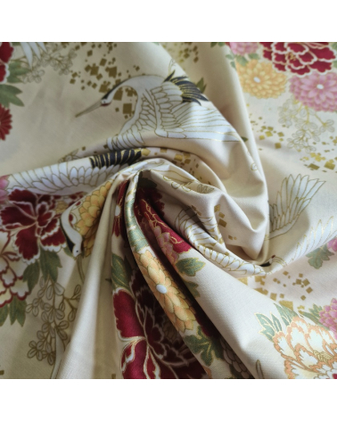 Japanese fabric. Flying Cranes and flowers in ivory.
