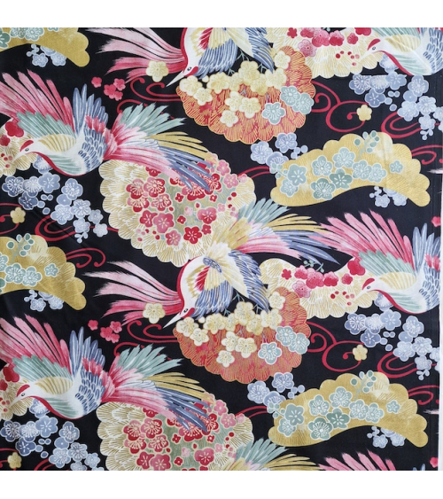 Japanese fabric colorful birds and ume in black.
