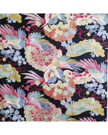 Japanese fabric colorful birds and ume in black.