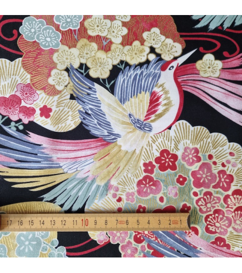 Japanese fabric colorful birds and ume in black.